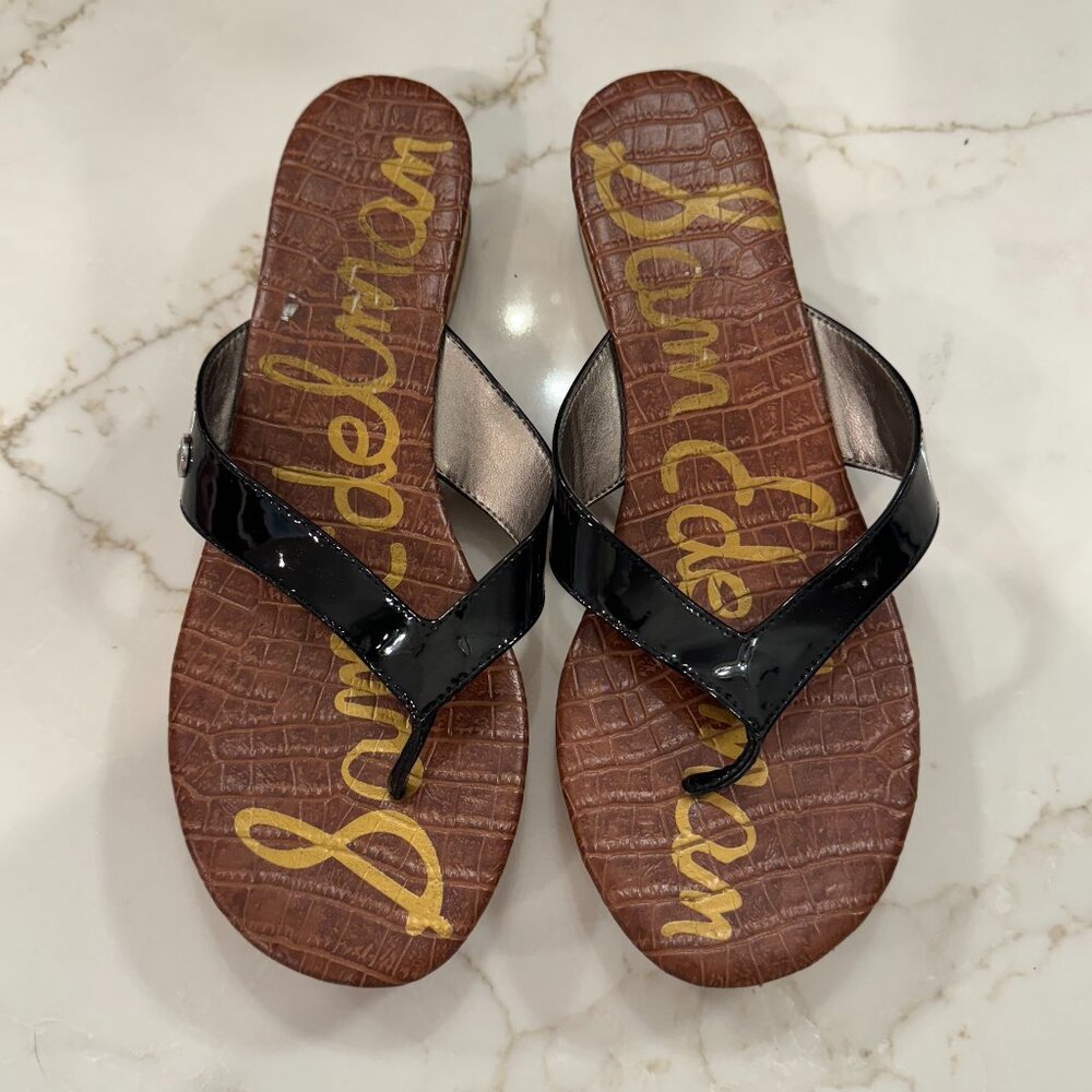 Sam Edelman Tanya Cork Wedge Sandals Women Size 8 Black Brown Thong Flip Flops